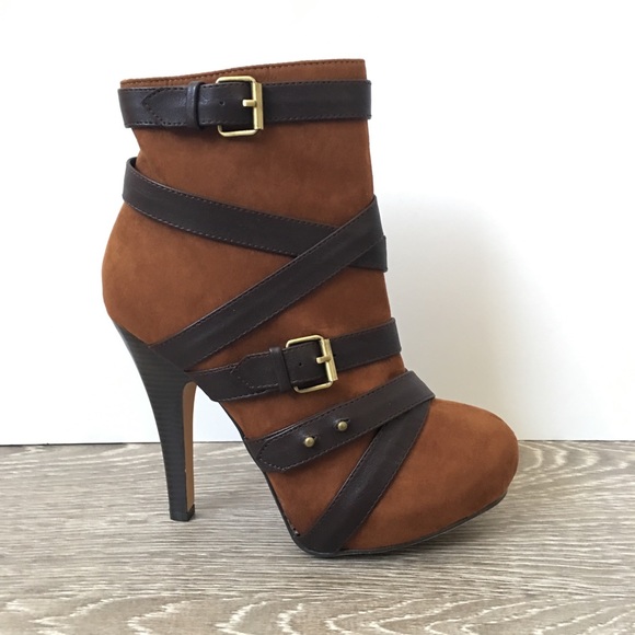 Brown Black Multi Strap Buckle Heel Booties - Picture 7 of 8